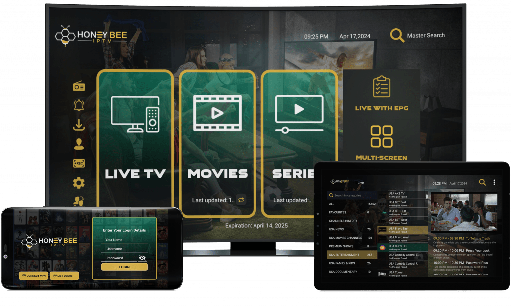 Honey Bee IPTV app on multiple devices